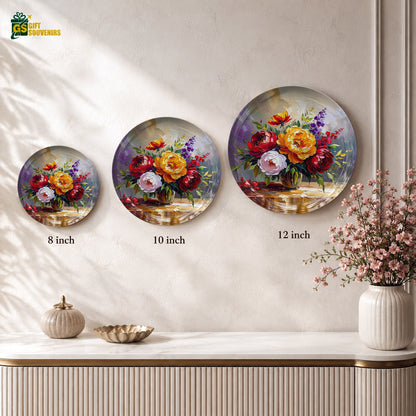 Premium floral ceramic wall plate featuring red, yellow, pink and purple flowers in a still-life composition