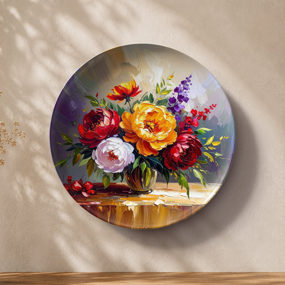 Floral still life ceramic wall plate featuring a richly layered bouquet in vibrant colours