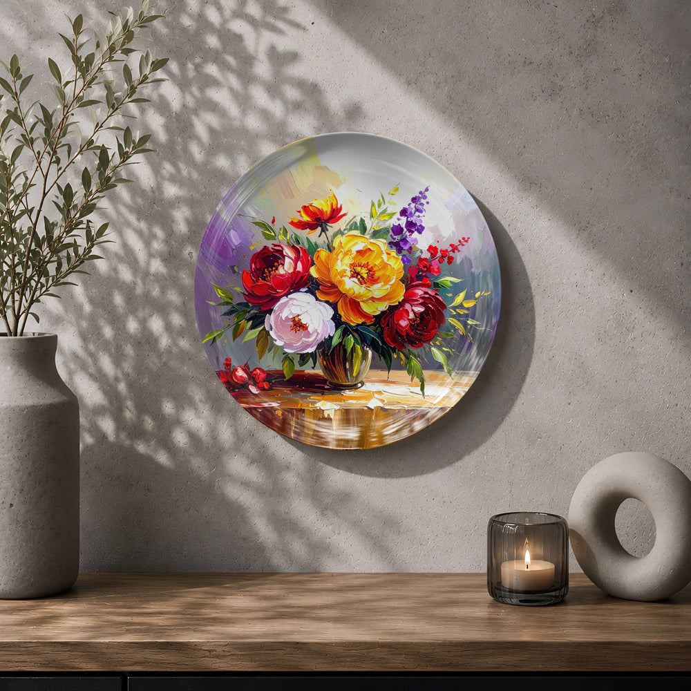 Classic floral ceramic wall plate souvenir with red roses, yellow flowers and purple blossoms