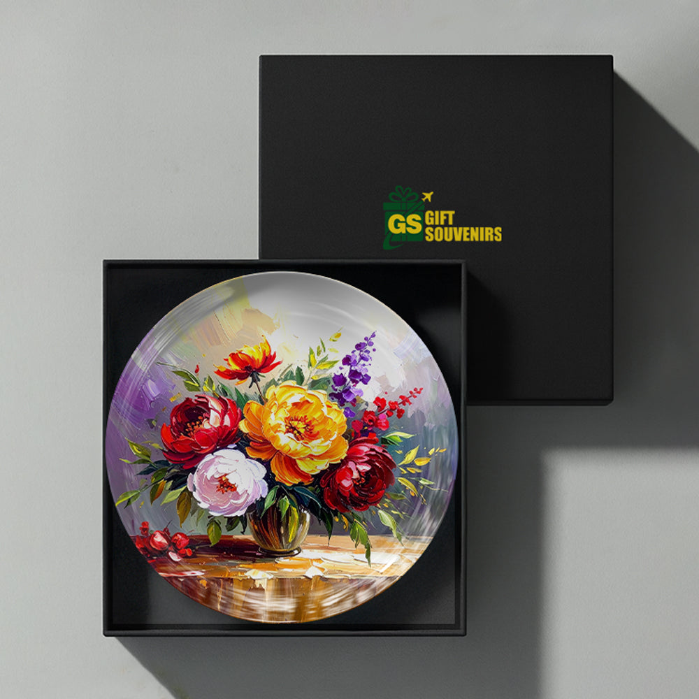 Classic floral art ceramic wall plate souvenir with premium gift box and vibrant bouquet artwork