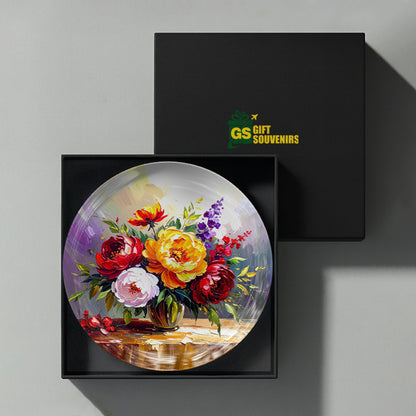 Classic floral art ceramic wall plate souvenir with premium gift box and vibrant bouquet artwork