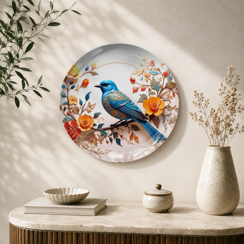 Bluebird Serenity nature inspired ceramic wall plate featuring a bluebird and colourful floral branches