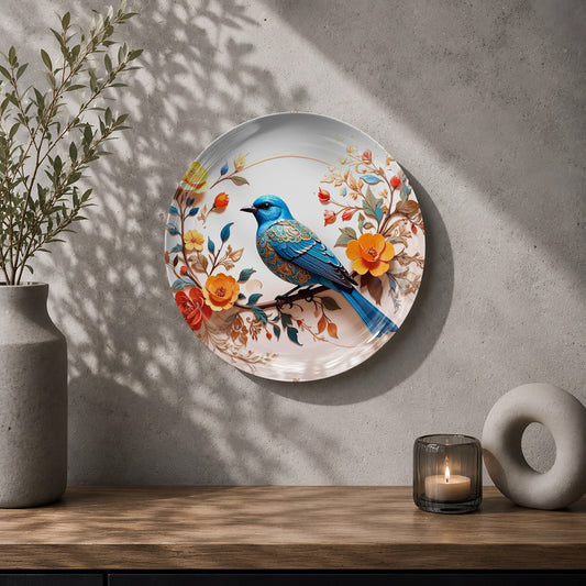 Bluebird ceramic wall plate souvenir with orange flowers, botanical leaves and elegant decorative artwork