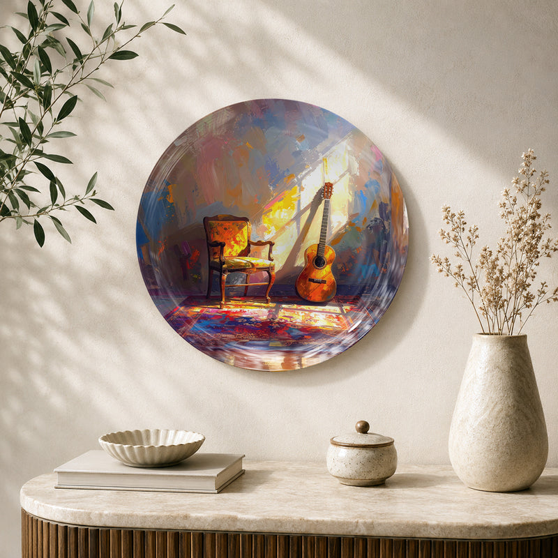 Silent Strings artistic music ceramic wall plate featuring musical instruments in a warm creative setting