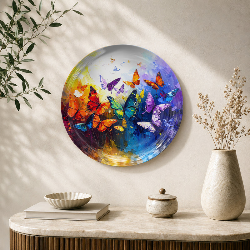 Butterfly Bloom colorful flight ceramic wall plate featuring vibrant butterflies and flowers
