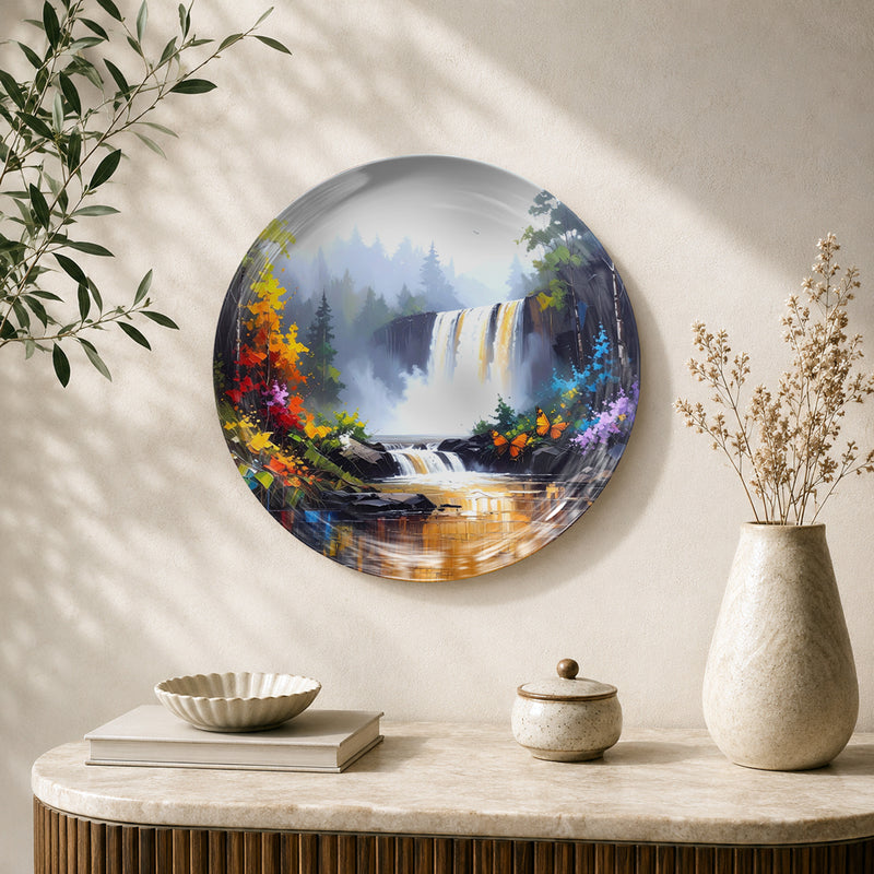 Forest Falls tranquil waterfall ceramic wall plate featuring a cascading waterfall and lush forest