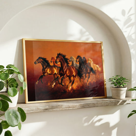 7 running horses Vaastu wall art with powerful horses moving forward in rich crimson and golden tones