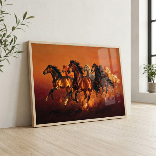 7 running horses canvas wall art featuring majestic horses galloping together through a dramatic fiery landscape