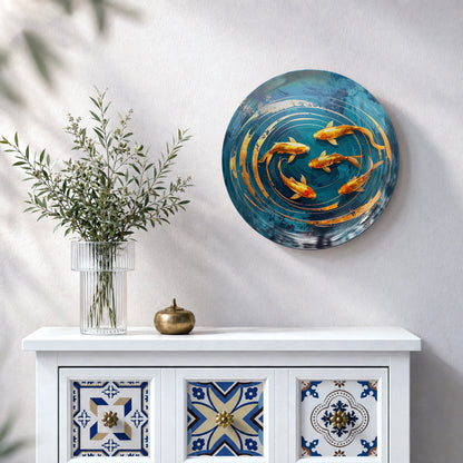 Golden koi fish ceramic wall plate featuring multiple koi swimming through deep blue water