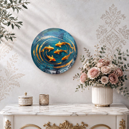 Feng Shui koi wall decor plate with golden fish and flowing water artwork for home interiors
