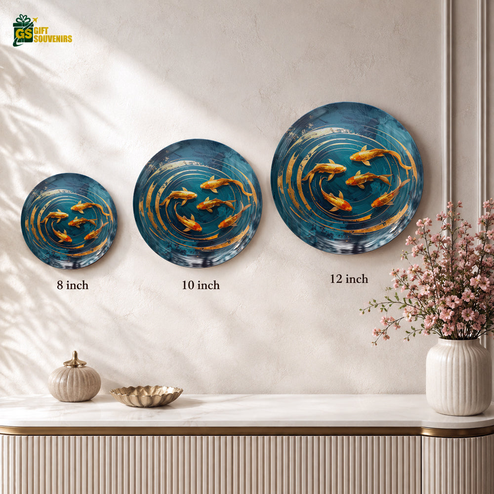 Golden koi ceramic wall plate with flowing water artwork and premium gift box