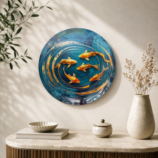 Golden Koi Harmony Feng Shui ceramic wall plate with golden koi fish and flowing blue water