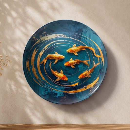 Golden Koi Harmony Vaastu ceramic wall plate symbolizing prosperity, wealth and positive flow