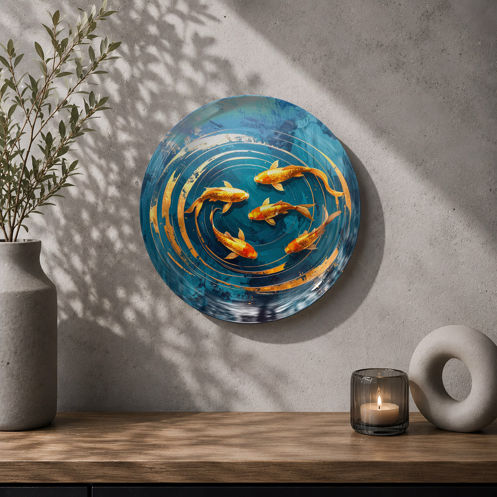 Golden Koi Harmony decorative ceramic wall plate for prosperity and abundance-inspired decor