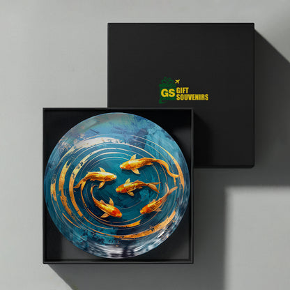 Golden Koi Harmony Feng Shui ceramic wall plate presented in a premium gift box for gifting