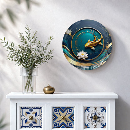 Golden koi fish ceramic wall plate with white lotus flowers and deep teal water artwork