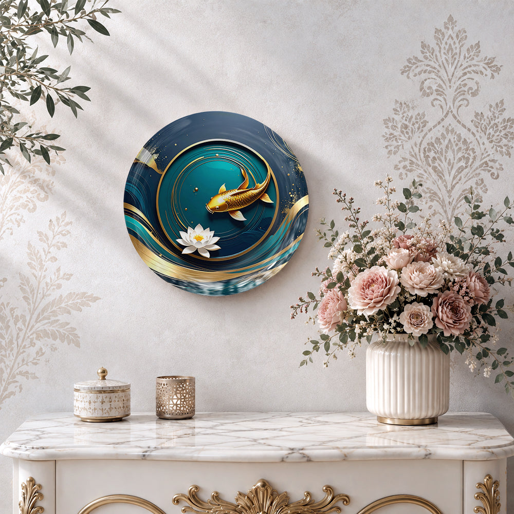 Feng Shui koi ceramic wall plate featuring a golden fish swimming among lotus flowers