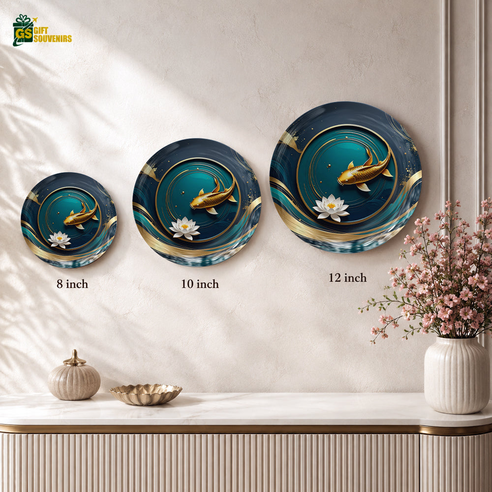 Decorative koi and lotus ceramic wall plate for prosperity-inspired home and office decor