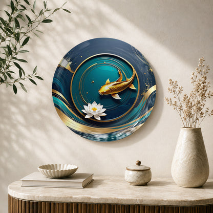 Golden Koi Serenity ceramic wall plate with golden koi fish and lotus flowers for Feng Shui decor