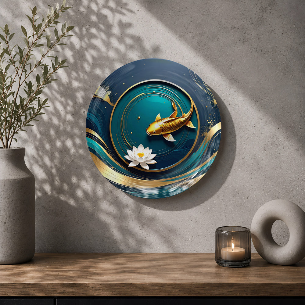 Golden Koi Serenity ceramic wall plate with elegant koi artwork and premium gift box