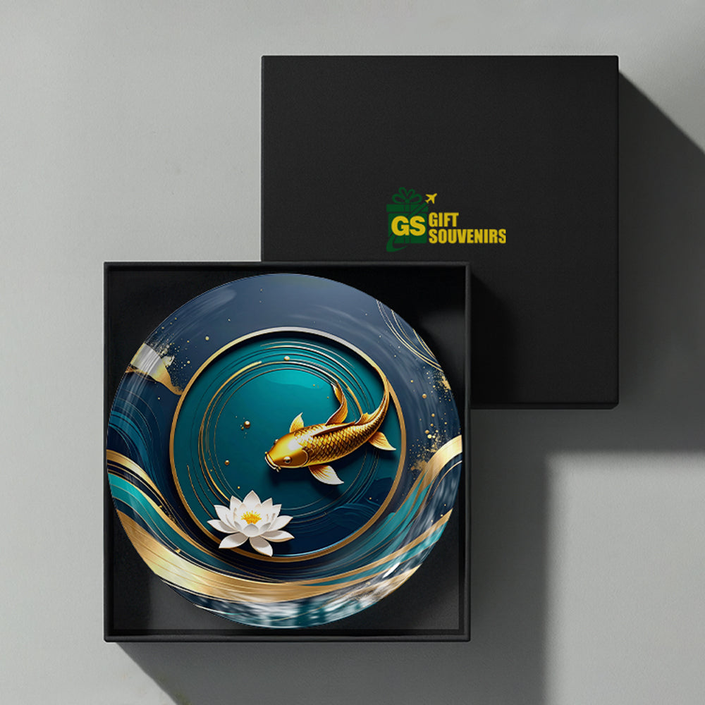 Vaastu Feng Shui koi ceramic wall plate presented in a premium gift box for prosperity gifting