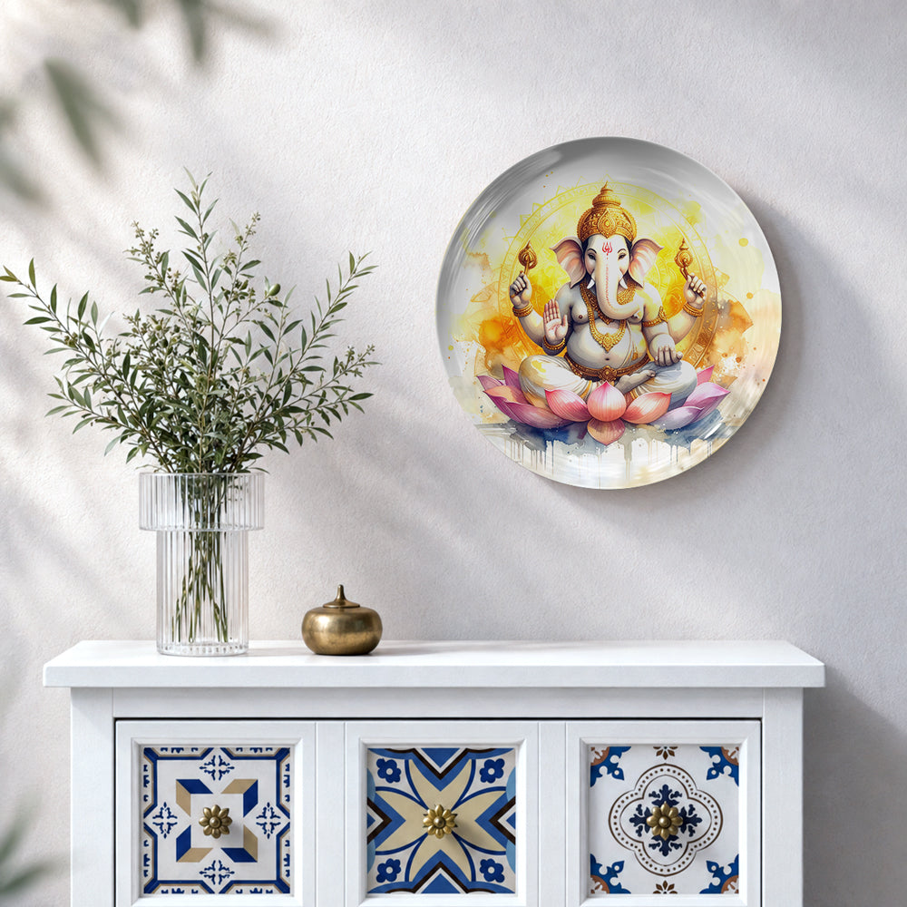Divine Ganesh on Lotus decorative ceramic plate for spiritual and Vaastu home decor