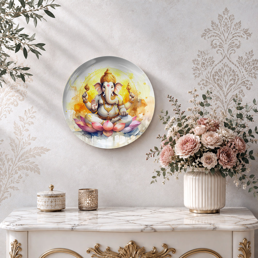 Vaastu Ganesha ceramic wall plate with golden artwork symbolizing blessings and new beginnings