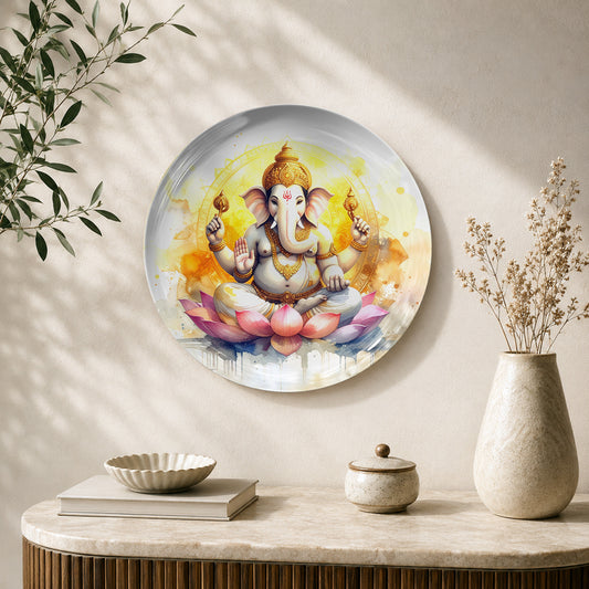 Divine Ganesh on Lotus Vaastu ceramic wall plate with Lord Ganesha and pink lotus artwork