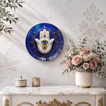 Blue Hamsa ceramic wall plate featuring an ornate hand and central Evil Eye symbol