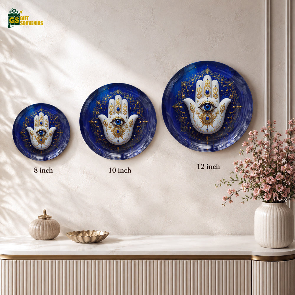 Hamsa ceramic wall plate with intricate blue and golden artwork and premium gift box
