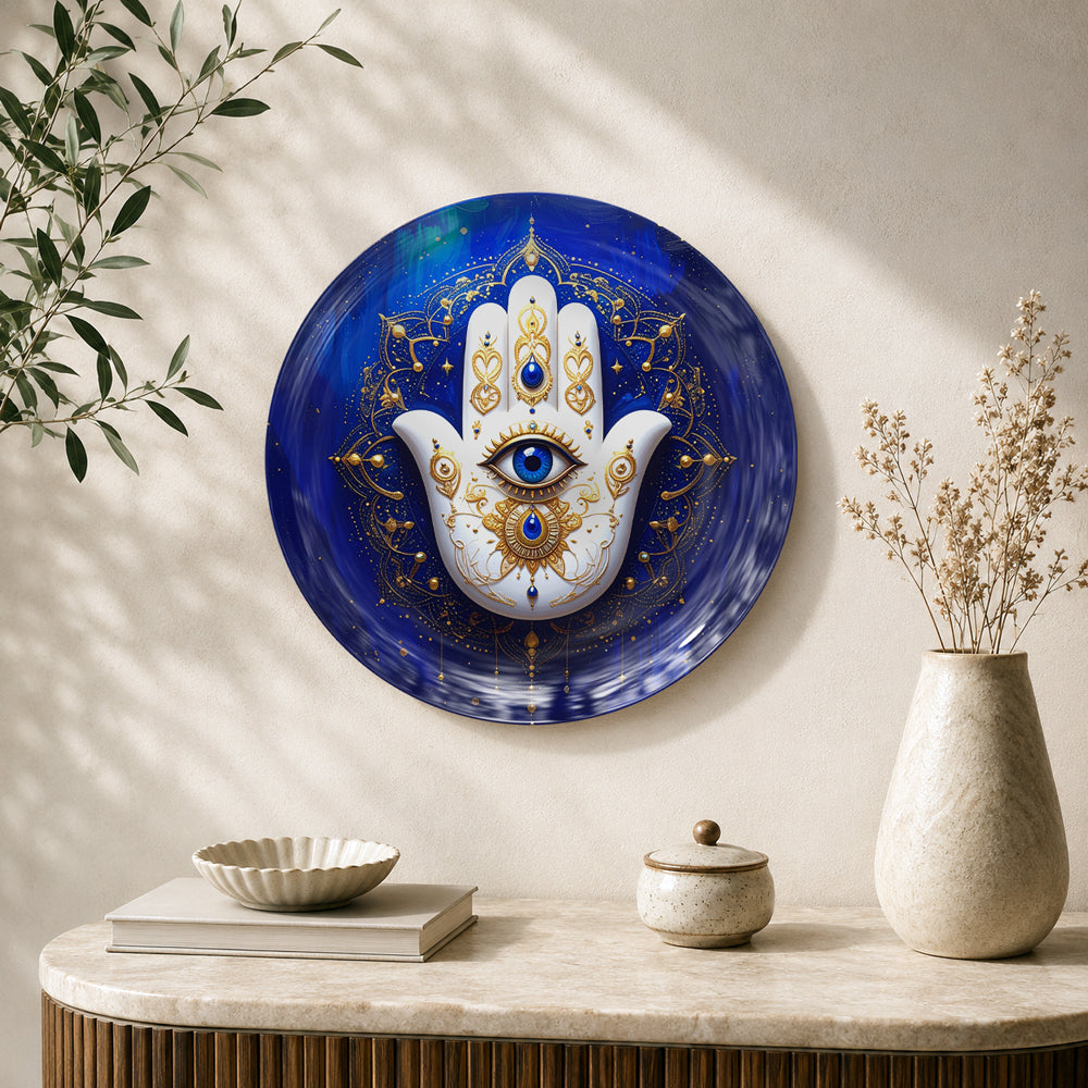 Hamsa Hand of Light Vaastu ceramic wall plate with Evil Eye design for protection and peace