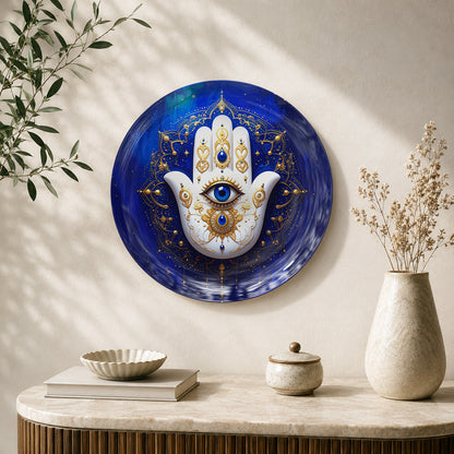 Hamsa Hand of Light Vaastu ceramic wall plate with Evil Eye design for protection and peace