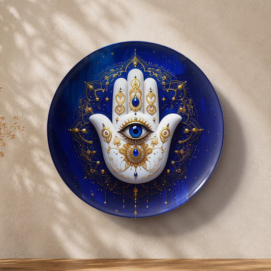 Hamsa Hand of Light ceramic wall plate with deep blue and golden protective artwork