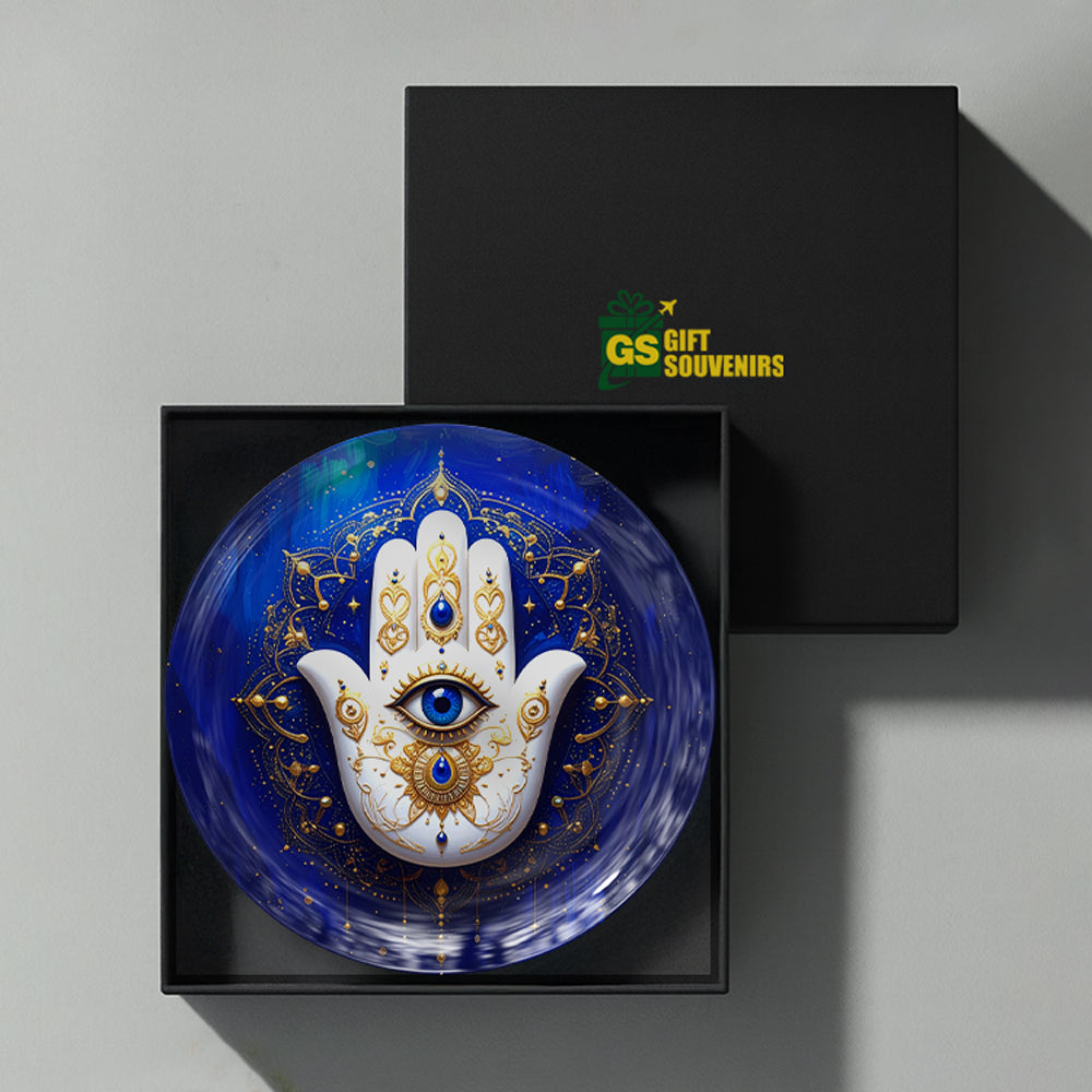 Hamsa Hand of Light Vaastu ceramic wall plate presented in a premium gift box for gifting