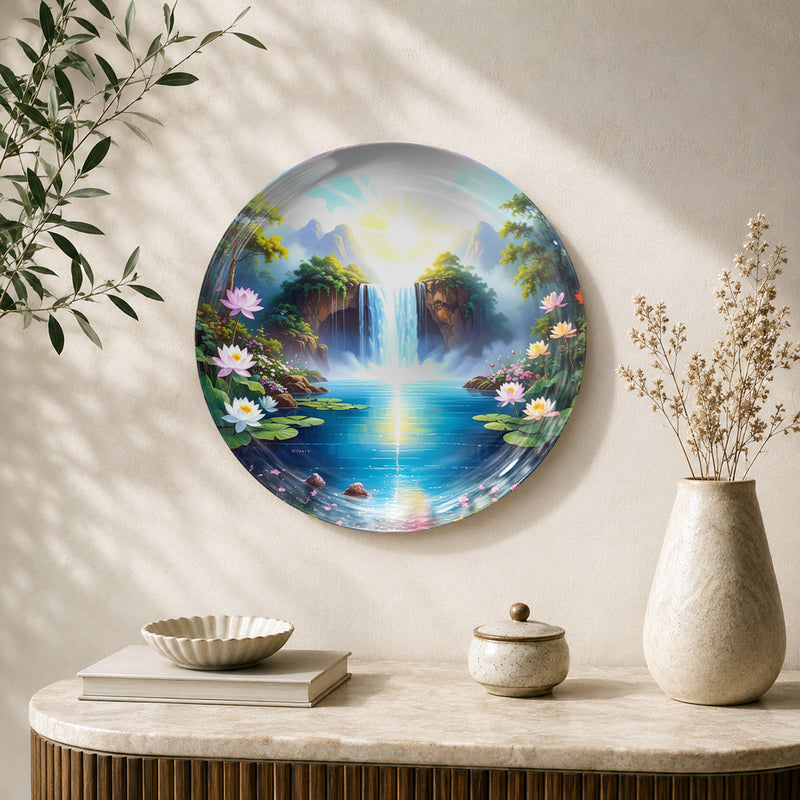 Lotus Falls Sanctuary ceramic wall plate featuring a waterfall, lotus flowers and tranquil blue water