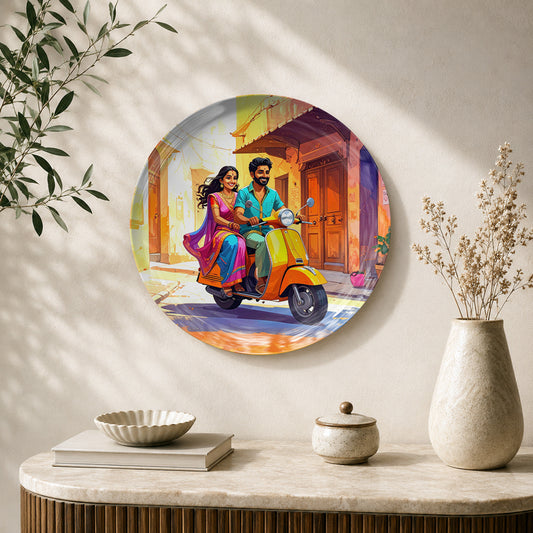 Sunlit Scooter Ride Indian ceramic wall plate featuring a colourful couple enjoying a scooter ride