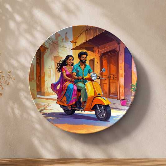 Indian heritage ceramic wall plate souvenir inspired by joyful everyday moments and traditional Indian life