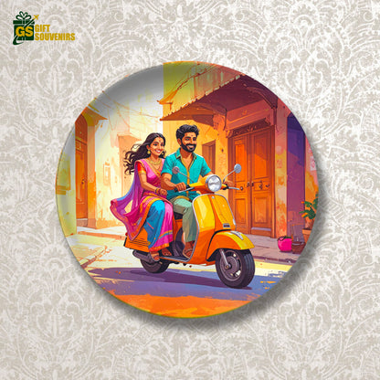 Sunlit Scooter Ride – Joyful Indian Moments Ceramic Plate