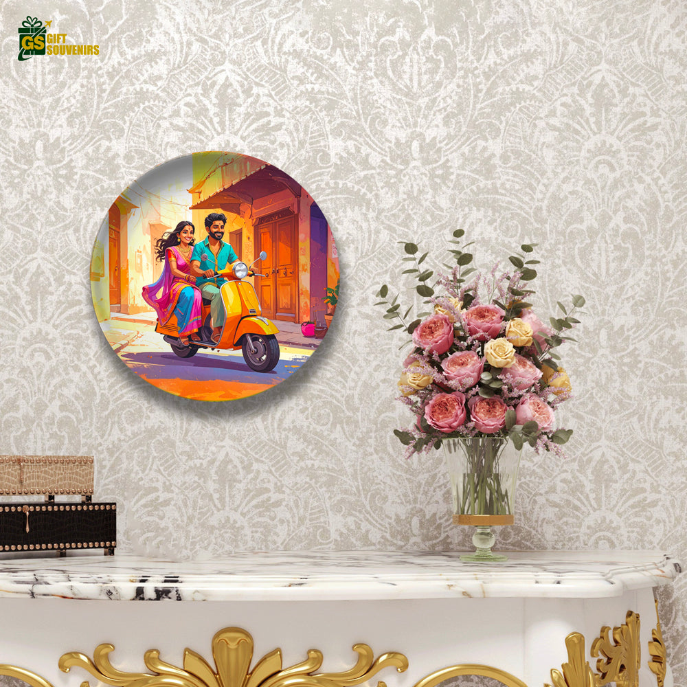 Sunlit Scooter Ride – Joyful Indian Moments Ceramic Plate