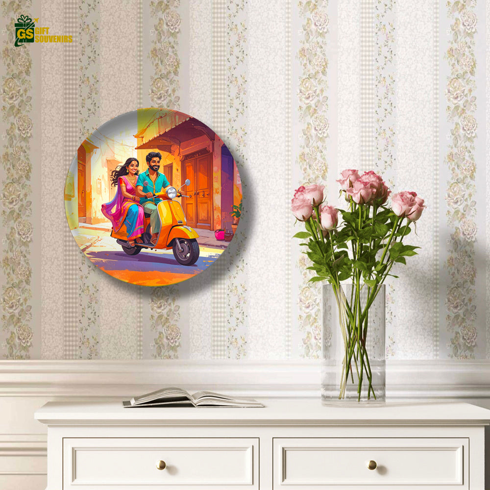 Sunlit Scooter Ride – Joyful Indian Moments Ceramic Plate