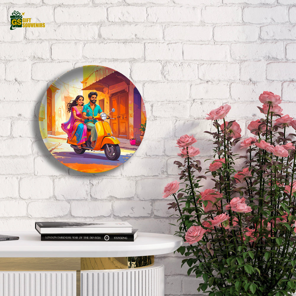 Sunlit Scooter Ride – Joyful Indian Moments Ceramic Plate