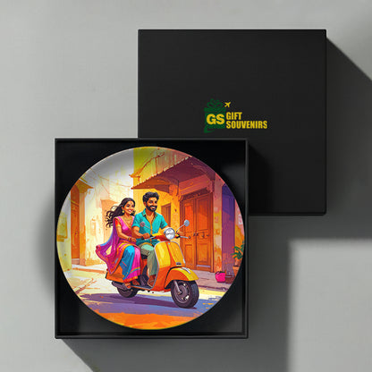 Sunlit Scooter Ride – Joyful Indian Moments Ceramic Plate