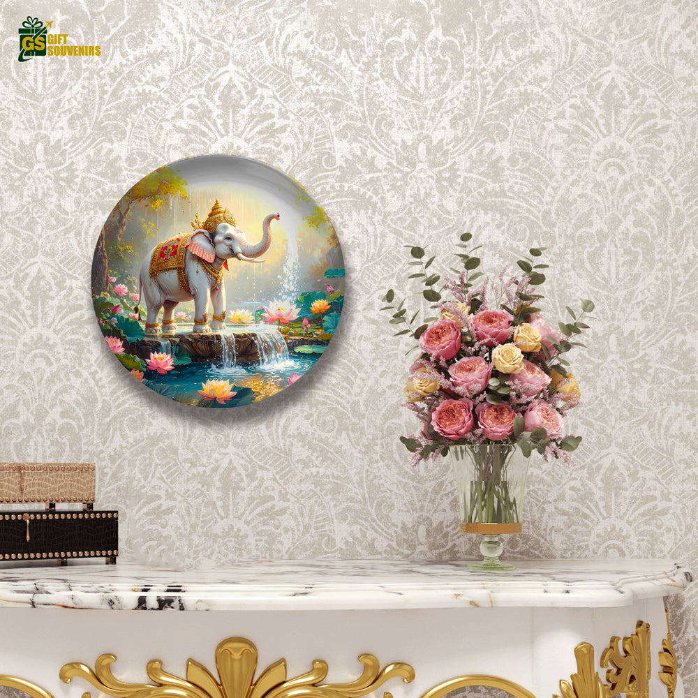 Sacred Elephant by Lotus Pond – Strength & Grace Ceramic Plate