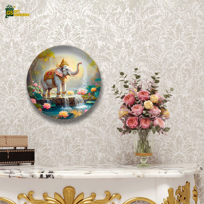 Sacred Elephant by Lotus Pond – Strength & Grace Ceramic Plate