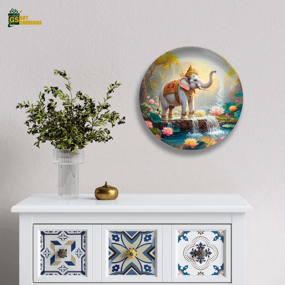 Sacred Elephant by Lotus Pond – Strength & Grace Ceramic Plate