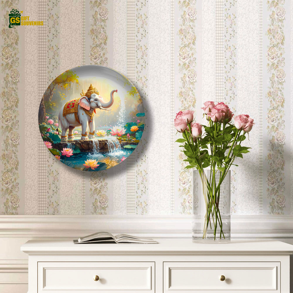 Sacred Elephant by Lotus Pond – Strength & Grace Ceramic Plate