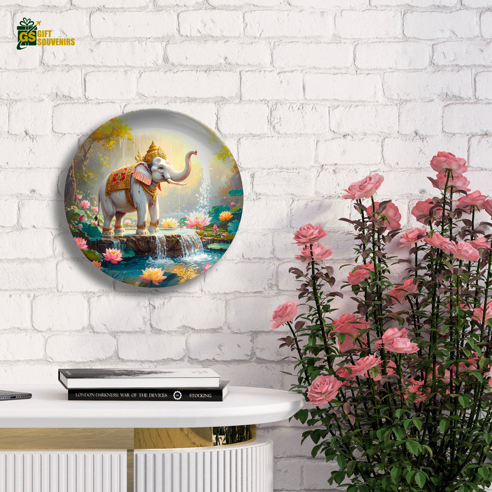Sacred Elephant by Lotus Pond – Strength & Grace Ceramic Plate
