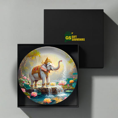 Sacred Elephant by Lotus Pond – Strength & Grace Ceramic Plate