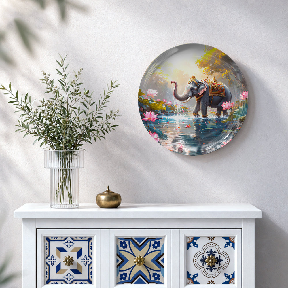 Indian-inspired elephant ceramic wall plate featuring a majestic elephant beside water with blooming flowers.