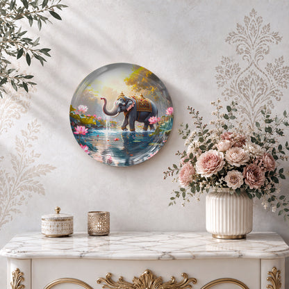 Decorative ceramic wall plate with artistic elephant artwork symbolizing strength, harmony, abundance, and prosperity.